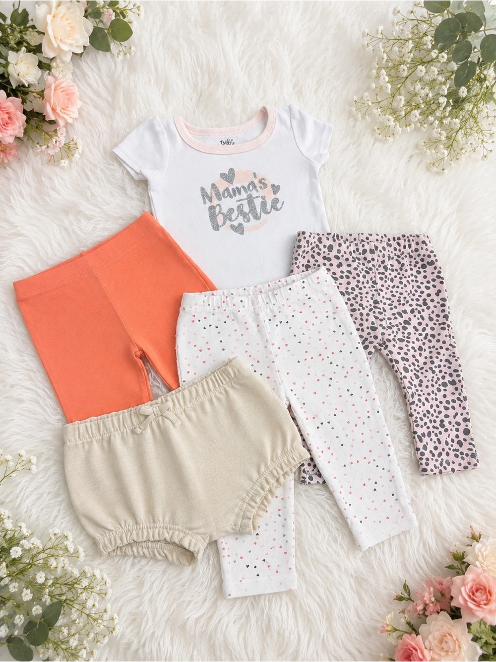 Mama's Bestie White Bodysuit + Peach & Pink Baby Leggings and Shorts - Set of 5